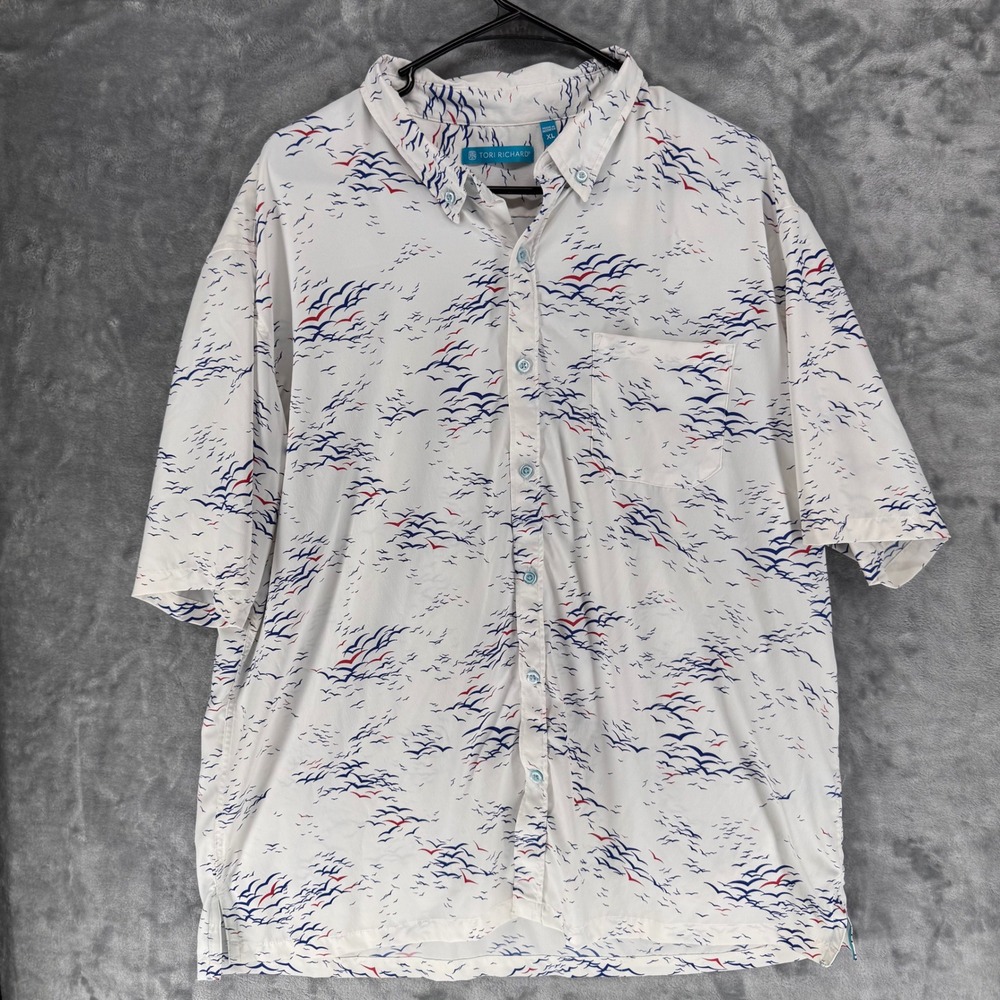 Tori Richard Mens XL‎  Shirt White Blue Red Bird Print Short Sleeve Button Up